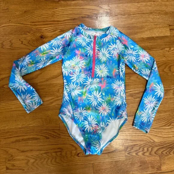 Cat & Jack Girls Long Sleeve Zip-Front One Piece Rash Guard Blue Medium - Picture 2 of 3